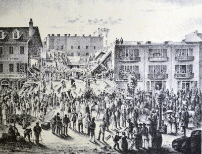 Illustratie van Currier & Ives 19e Eeuw. Ruïnes van het Planters Hotel, New Orleans door N. and Ives, J.M. Currier